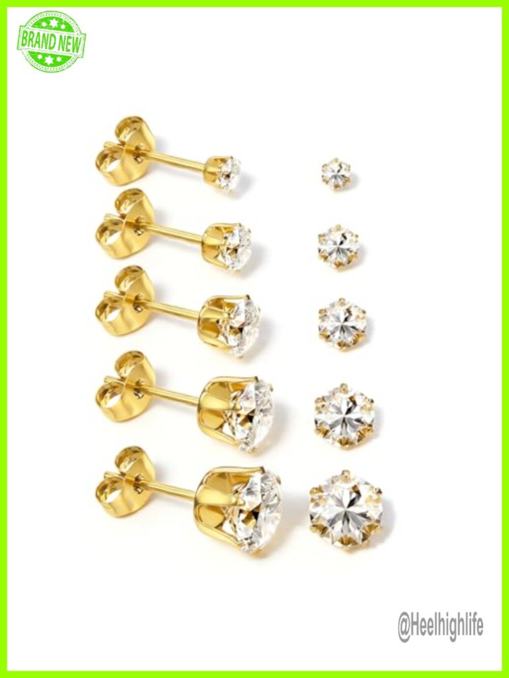14K Gold Plated Stainless Steel Stud Earrings Set Cubic Zirconia 5 Pairs